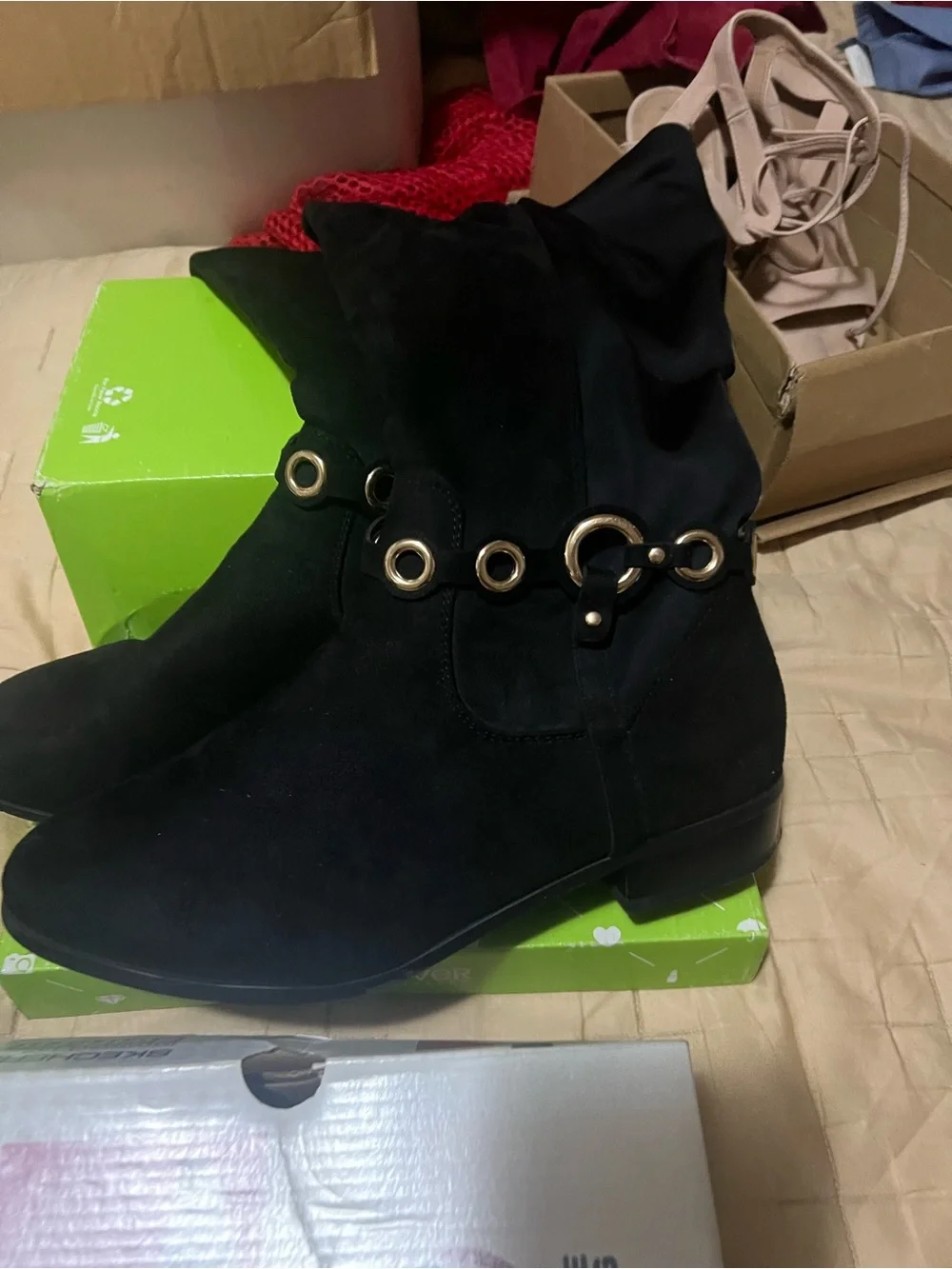 Black Suede Over-the-Knee Boots with Gold Ring Detail
